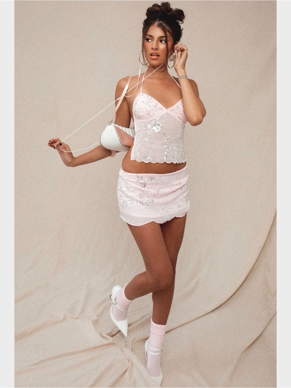 Edikted Pink Sequin Mini Skirt Set